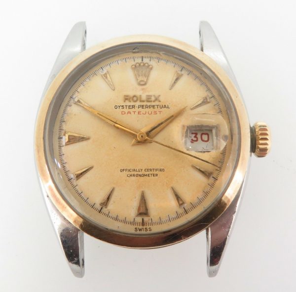 .RARE 1953 ROLEX 6304 OYSTER PERPETUAL DATEJUST TROPICAL OVETTONE 18K S/S WATCH