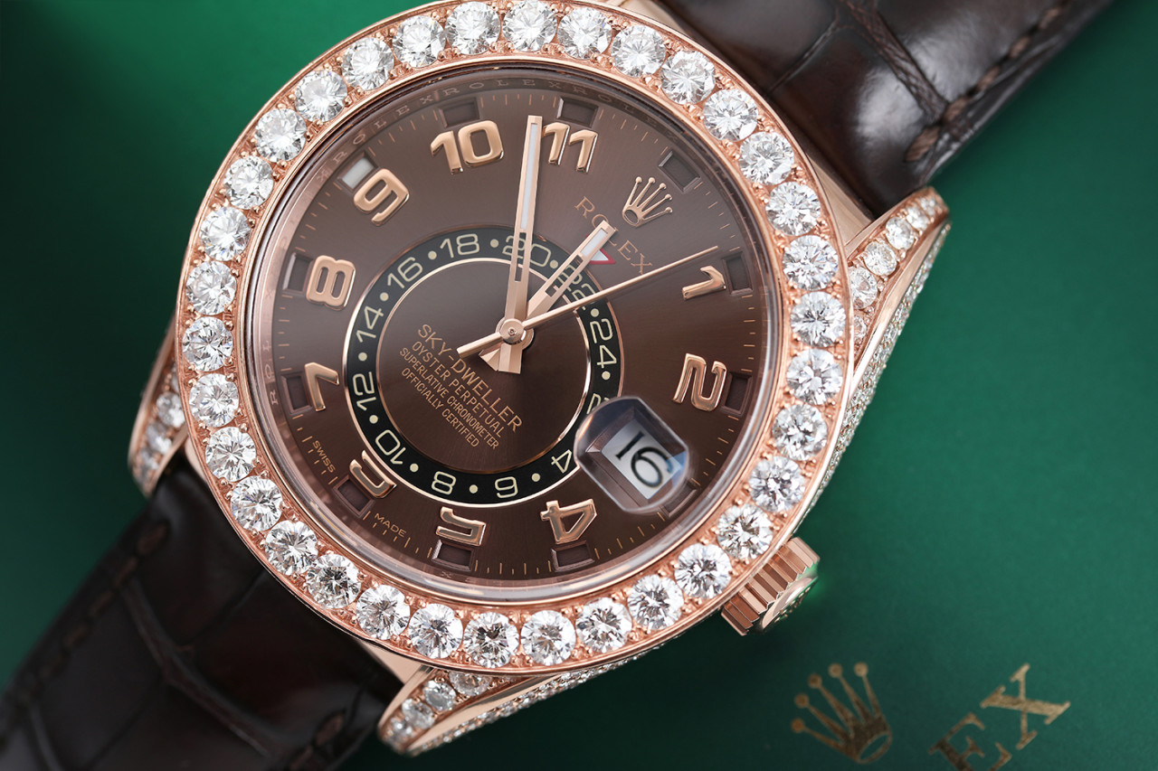 Rolex Dweller 18Kt Rose Iced Out Diamonds Chocolate Arabic Dial Brown Leather Strap 326135 - Youarrived