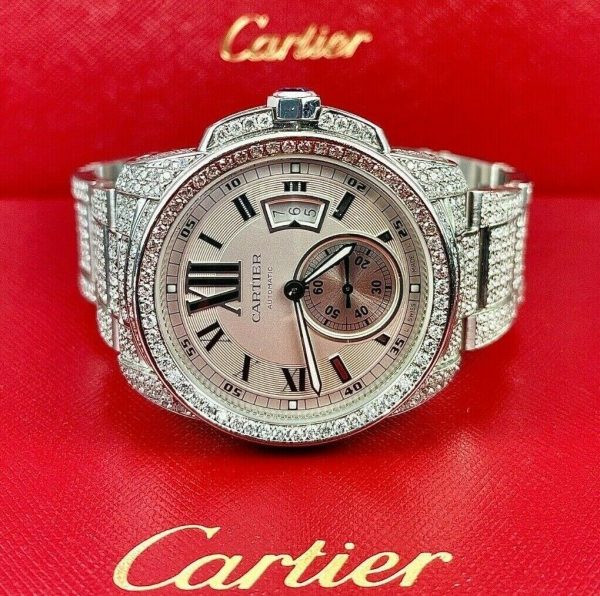 Cartier Calibre De Cartier Men s Steel Watch 42mm Iced Out 13ct Genuine Diamonds Ref 3389 Youarrived