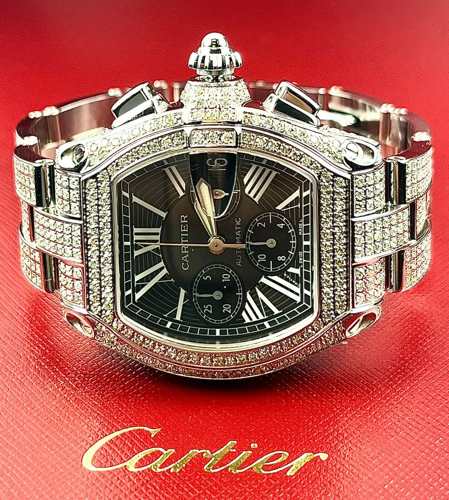 Cartier Roadster XL Men s Watch Black Dial 43mm Iced Out 13ct